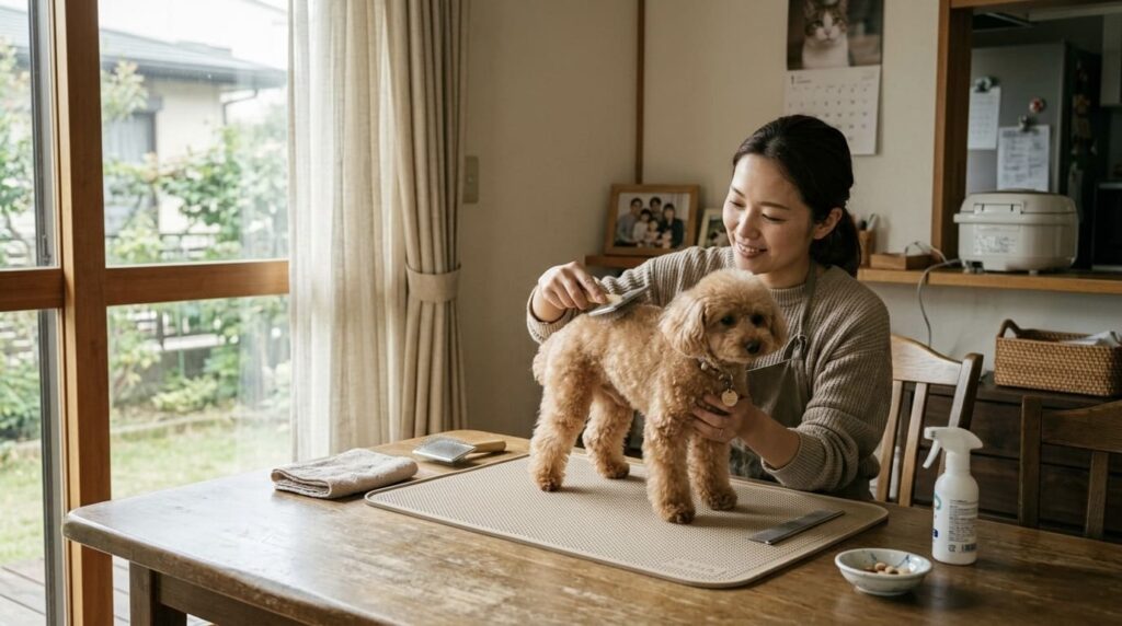 自宅のテーブルで犬のお手入れをしている様子