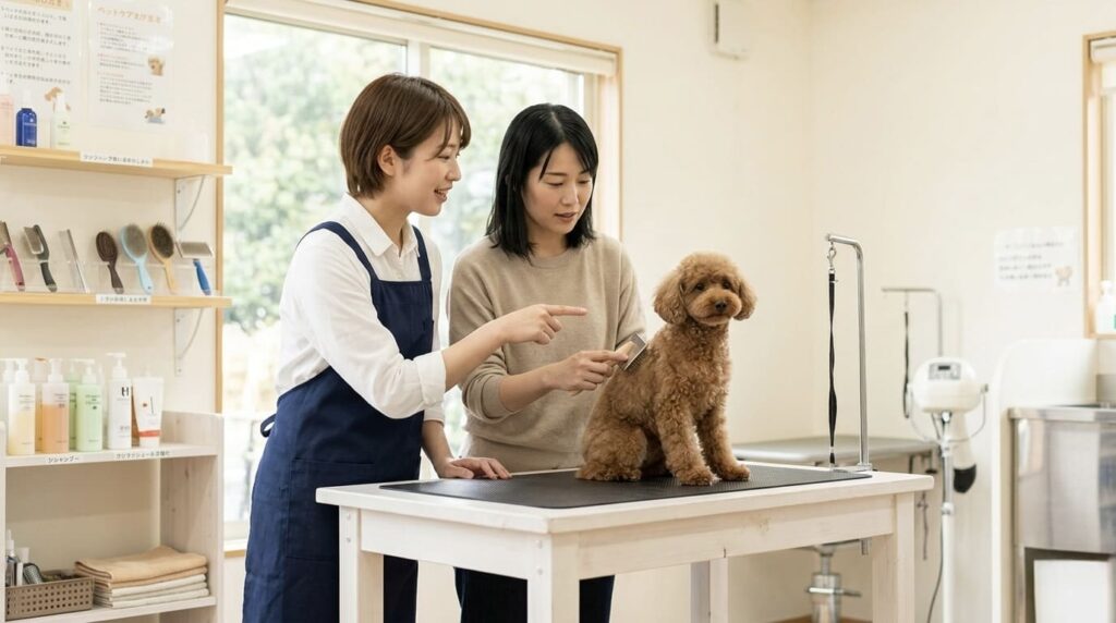 トリマーから犬のお手入れを学ぶ飼い主