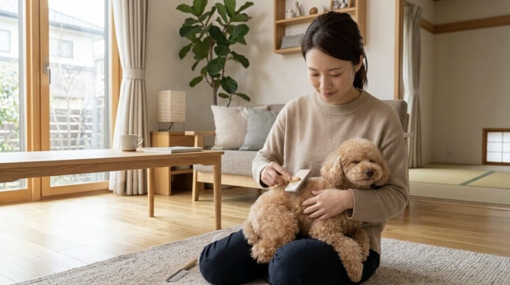 自宅でセルフトリミングをするトイプードルと飼い主