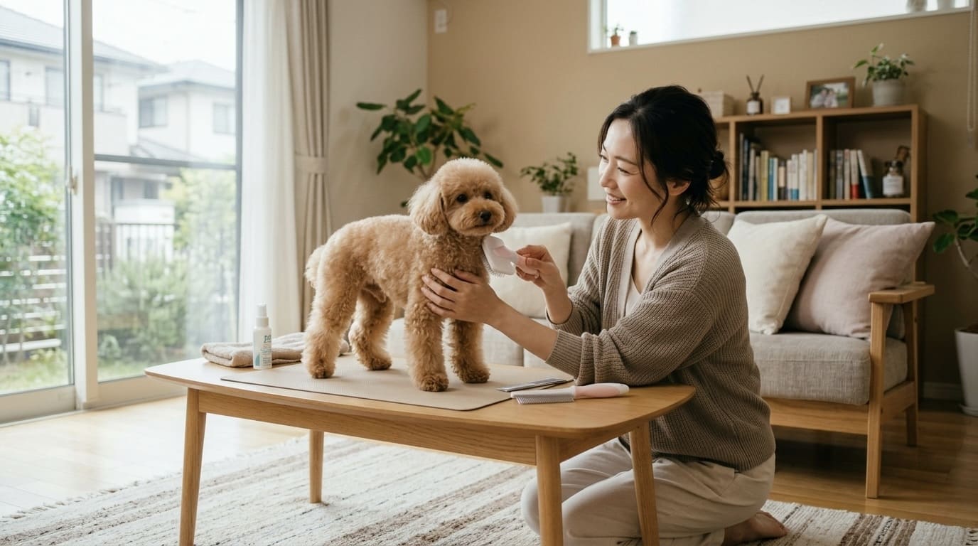 自宅でセルフトリミングをするトイプードルと飼い主