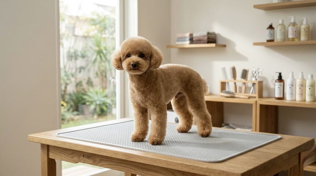 滑り止めマットの上で安定して立つ小型犬