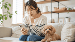 トリミングサロンの予約について悩みながらスマートフォンを見る飼い主さん。隣には少し毛が伸びてきた小型犬が寄り添っており、“予約が取れない…”という現代の愛犬家の悩みを表現した日常風景。