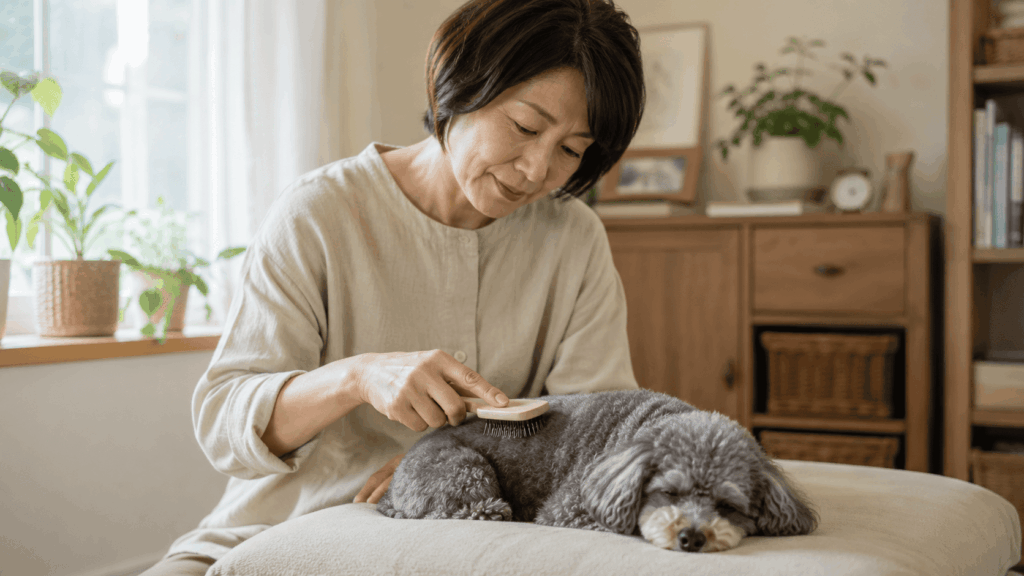 リビングでシニア犬を優しくブラッシングしている飼い主さん。愛犬が安心して身体を預けており、“特別な技術”ではなく、“暮らしの延長線上のお手入れ”を感じる穏やかな日常風景。