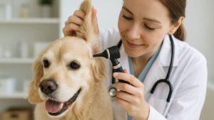 犬の耳を診察している