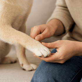 犬の足元をチェックしている飼い主さん