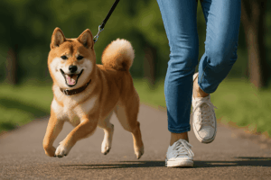 飼い主さんと楽しんで散歩している柴犬