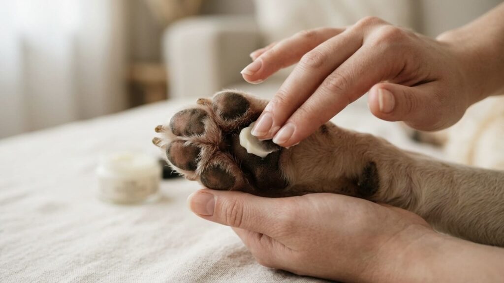 犬の肉球にクリームを塗る保湿ケア