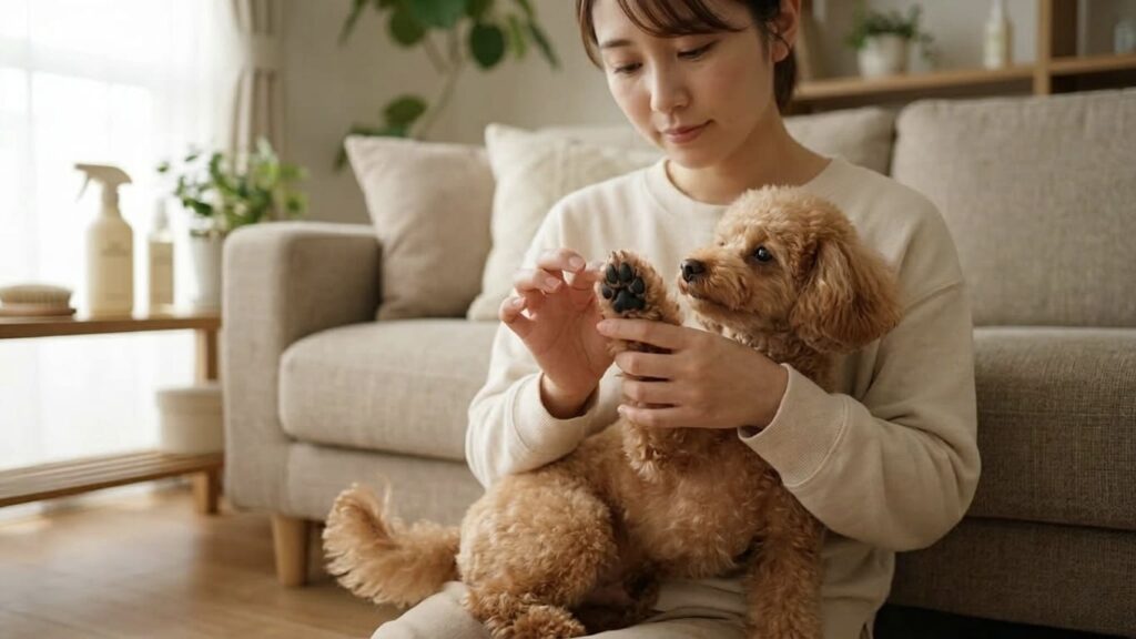 飼い主が犬の肉球をチェックしているホームケア
