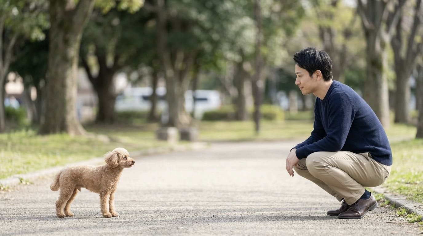 初対面の犬と距離を保ちながら静かに接する男性