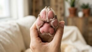 犬の肉球を手で優しく支える足裏ケアの様子