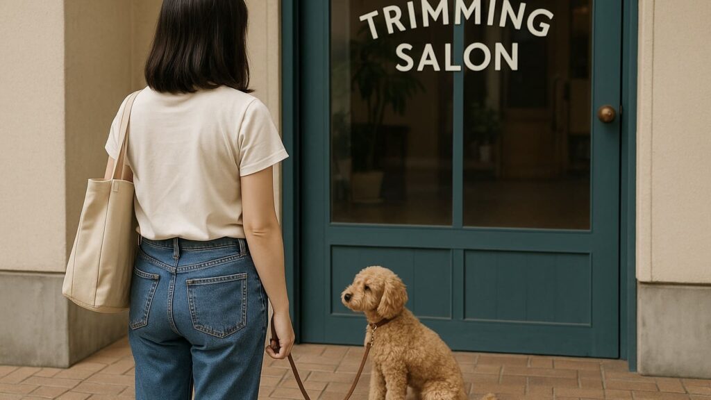 トリミングサロンの前で立ち止まる飼い主と愛犬