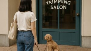 トリミングサロンの前で立ち止まる飼い主と愛犬