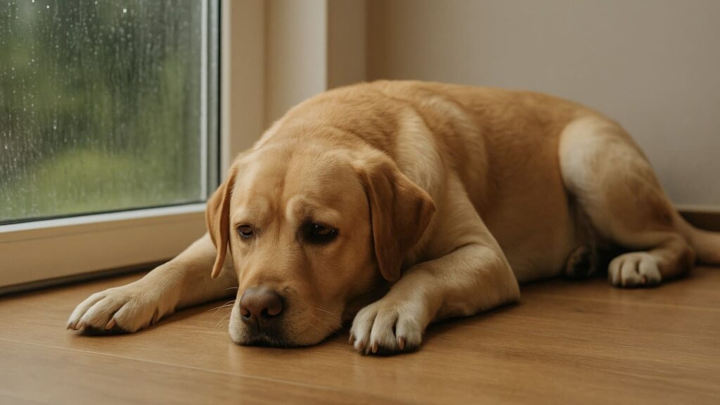 雨でお散歩に行けずに寝そべる犬(憂鬱そう)