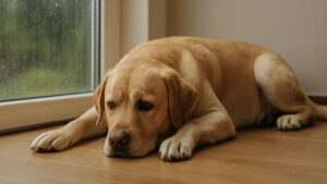 雨でお散歩に行けずに寝そべる犬（憂鬱そう）