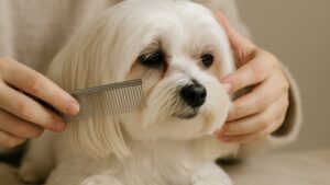 飼い主がマルチーズの目元をコームで優しくケア｜犬 目ヤニ ケアの日常習慣
