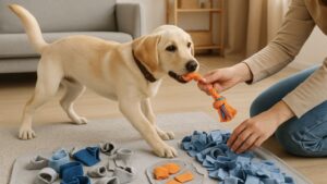 飼い主と室内で遊ぶ犬（ノーズワークやひっぱりっこ）