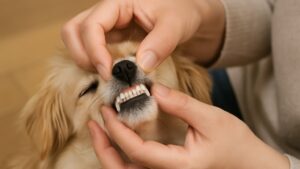 愛犬の歯石をチェックしている飼い主さん｜ 犬 歯みがき 毎日
