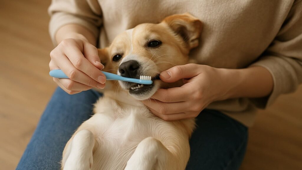 仰向けで歯みがきしてもらっている犬| 犬 歯みがき 毎日 の習慣