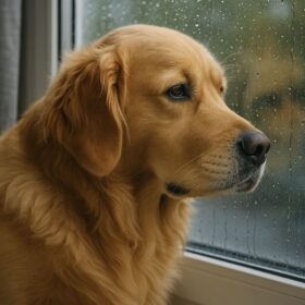 雨の日に退屈そうに窓を眺める中型犬