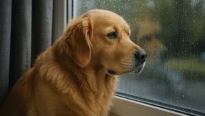 雨の日に退屈そうに窓を眺める中型犬