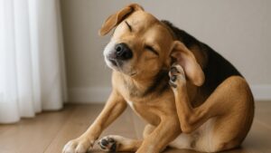 耳を掻いている犬（梅雨時の耳トラブル）