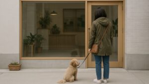 トリミングサロンの前で立ち止まる飼い主と愛犬