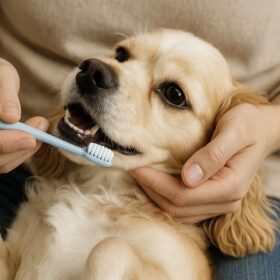仰向けで歯みがきしてもらっている犬｜ 犬 歯みがき 毎日