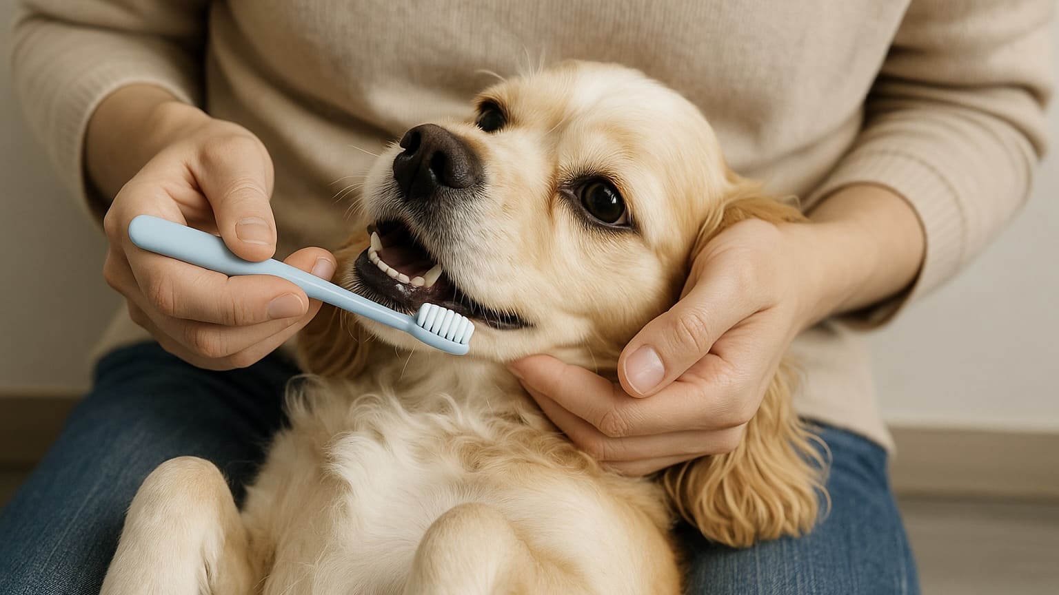仰向けで歯みがきしてもらっている犬｜ 犬 歯みがき 毎日