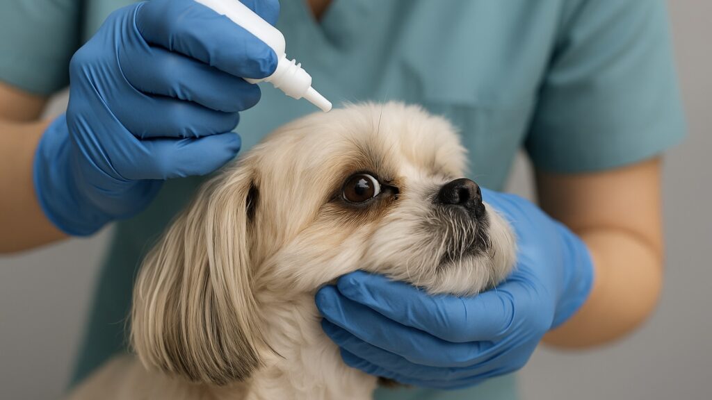 点眼される犬の様子|犬 目ヤニ ケアと治療の一環としての目薬