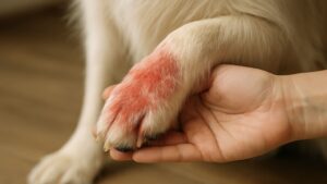 赤くなった犬の足先（舐め壊しや湿疹のイメージ）