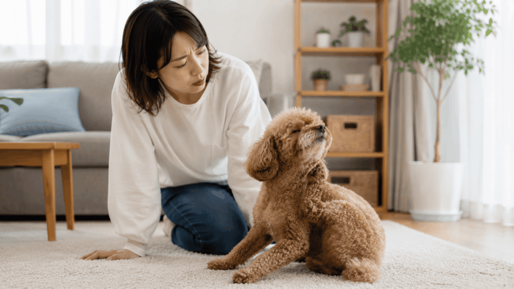 首元を後ろ足で掻くトイプードルを心配そうに見守る飼い主|犬のノミによるかゆみの症状