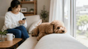 スマートフォンを見る飼い主の横で窓の外を眺める退屈そうなトイプードル
