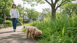 公園の草むらを散策するトイプードル｜犬がノミに接触しやすい散歩コース
