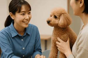 愛犬を抱いた飼い主と笑顔で話すトリマーの様子。相談風景を自然な雰囲気でとらえた画像。