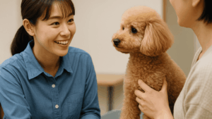 愛犬を抱いた飼い主と笑顔で話すトリマーの様子。相談風景を自然な雰囲気でとらえた画像。
