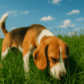 草むらに顔を突っ込む犬（夏の空気感）