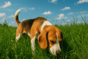 草むらに顔を突っ込む犬（夏の空気感）