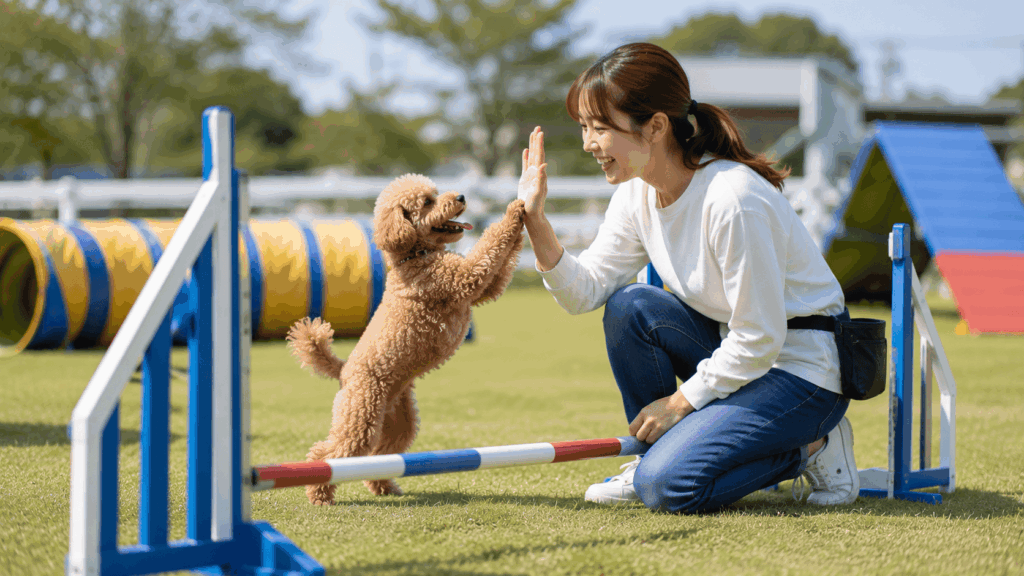 アジリティ教室でハイタッチをして喜ぶトイプードルと飼い主