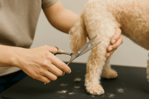 犬の後ろ足の毛をハサミで丁寧にカットしている様子。グルーミング中の手元にフォーカスした画像。