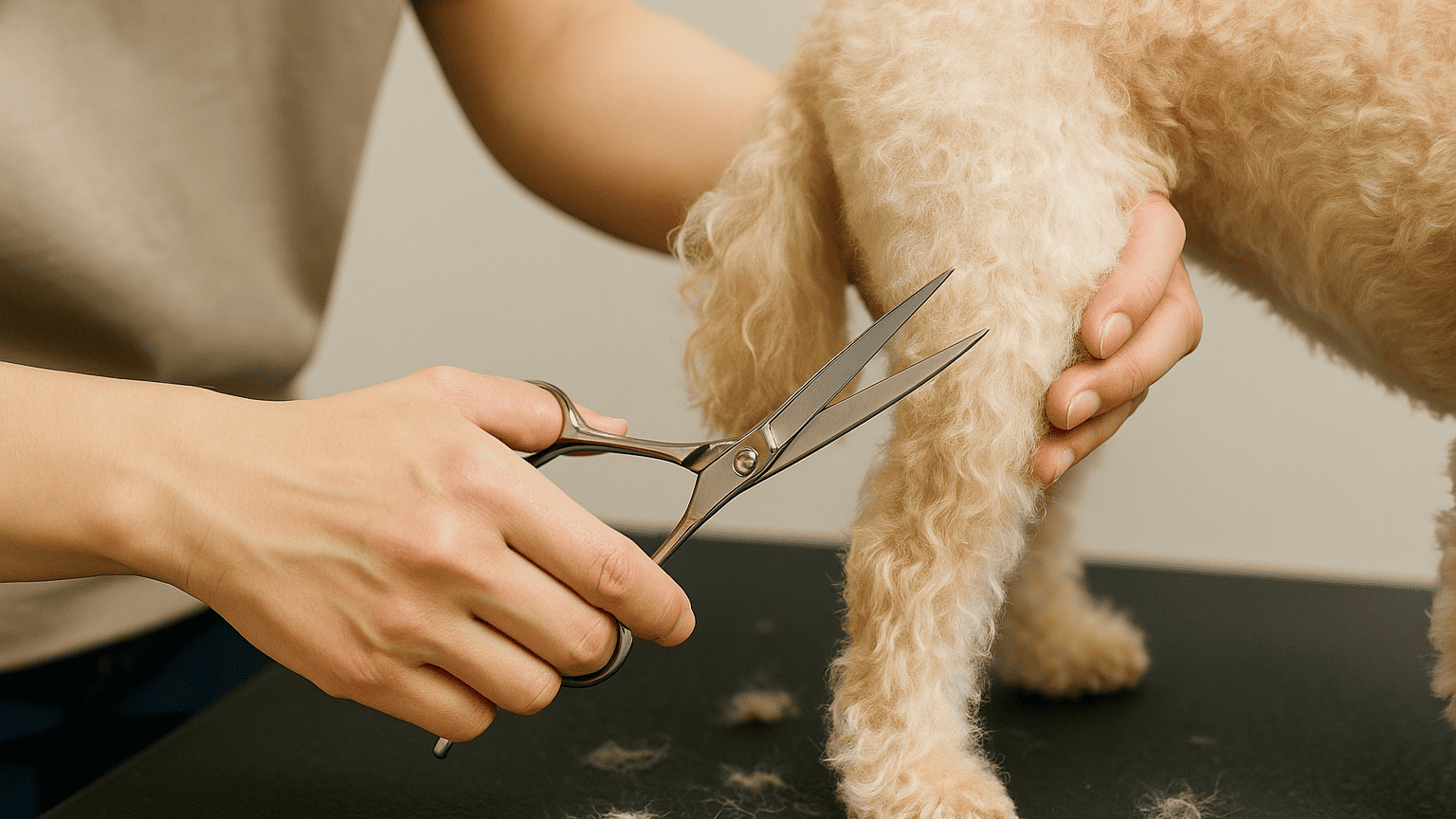 犬の後ろ足の毛をハサミで丁寧にカットしている様子。グルーミング中の手元にフォーカスした画像。