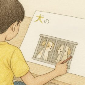 小学校6年生の男の子が机に向かい、「犬の殺処分はなぜなくならないのか？」という自由研究の絵を描いている様子。ケージの中の2匹の犬を色鉛筆で丁寧に表現している後ろ姿。