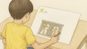 小学校6年生の男の子が机に向かい、「犬の殺処分はなぜなくならないのか？」という自由研究の絵を描いている様子。ケージの中の2匹の犬を色鉛筆で丁寧に表現している後ろ姿。