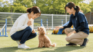 ドッグスクールでトレーナーのアドバイスを受けながらアイコンタクトを練習する飼い主とトイプードル