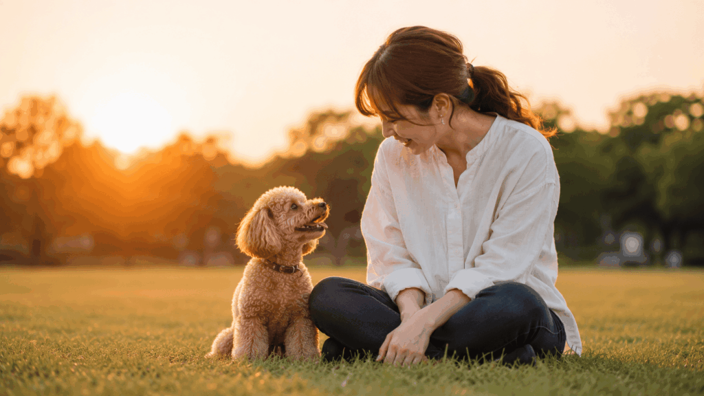 夕暮れの公園で見つめ合いながら穏やかな時間を過ごすトイプードルと飼い主