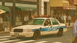 ASPCA（アメリカ動物虐待防止協会）のパトカーがニューヨークの街を走行している様子を描いたイラスト。