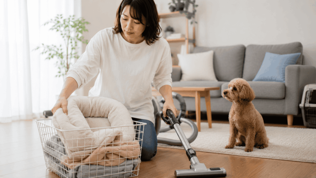 掃除機をかけながら犬用ベッドを洗濯へ出す飼い主と見守るトイプードル|家庭でできるノミ対策と清潔な住環境づくり