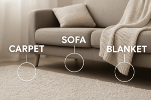 ノミの生息場所（例：カーペット、ソファ、毛布）