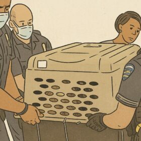 シェリフ隊員たちがペットキャリーを運んで動物を保護している様子。マスクを着用した複数人の隊員と女性が描かれている。