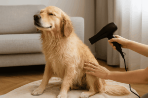 白いタオルを敷いて乾かしている犬