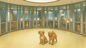 明るい室内に犬が多数配置された犬舎のイラスト。中央に2頭の犬が描かれている。